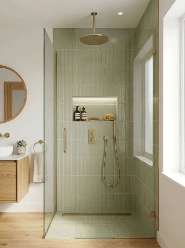 Vertical shower tiles making a modern bathroom appear taller.