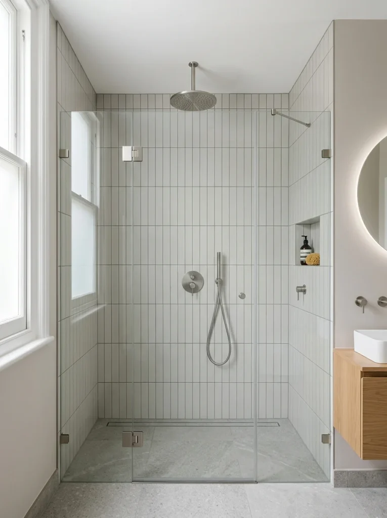 Vertical tile layout making a shower feel taller.
