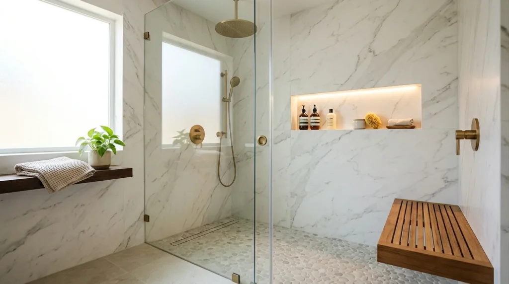 Luxury walk-in shower remodel with frameless glass, rainfall shower head, bench, and built-in storage.