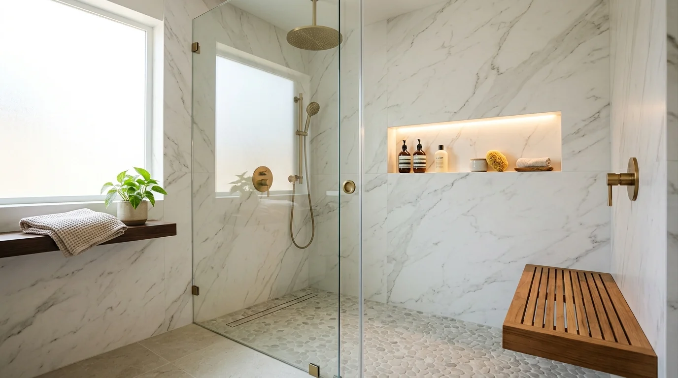 Luxury walk-in shower remodel with frameless glass, rainfall shower head, bench, and built-in storage.