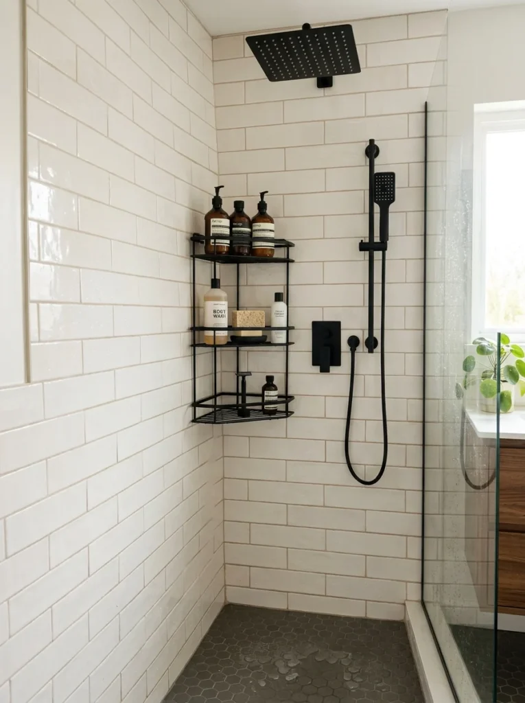 Mounted corner shower shelf organizing shampoo, soap, and bathroom products.