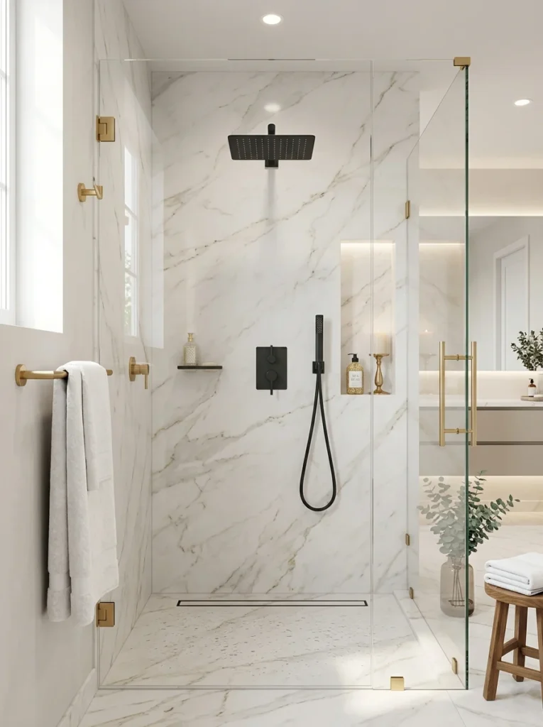 Adjustable-height shower head mounted on a slide bar.