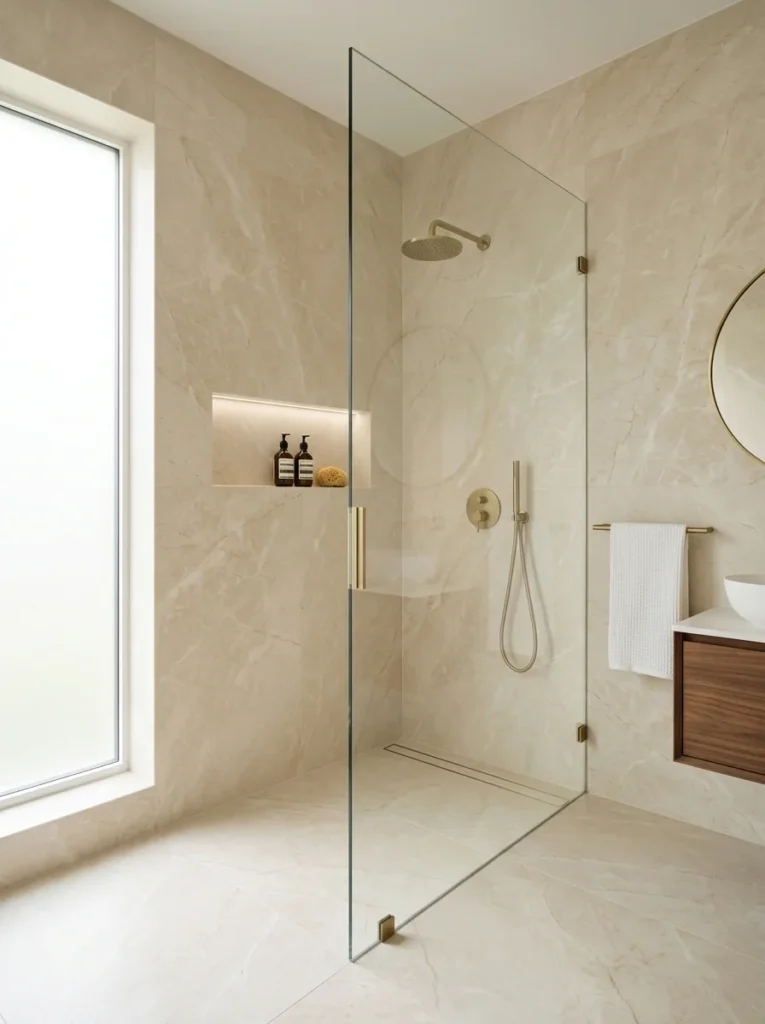 Oversized rainfall showerhead creating a spa-like shower experience.
