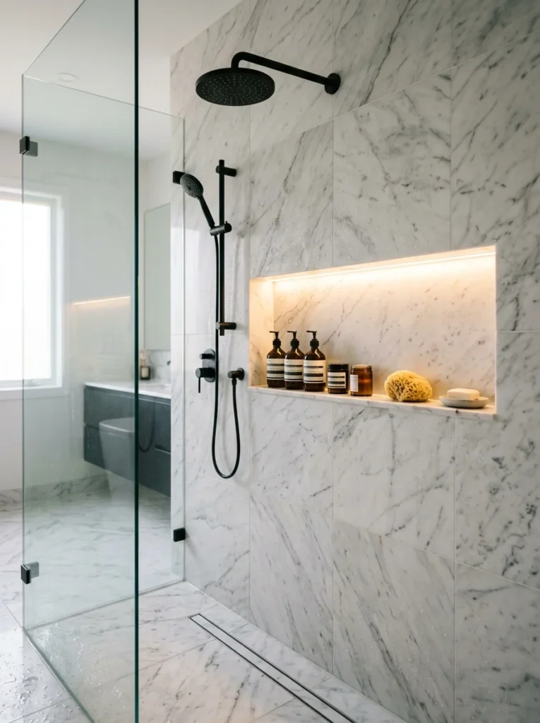 Smart bathroom mirror with integrated LED lighting.