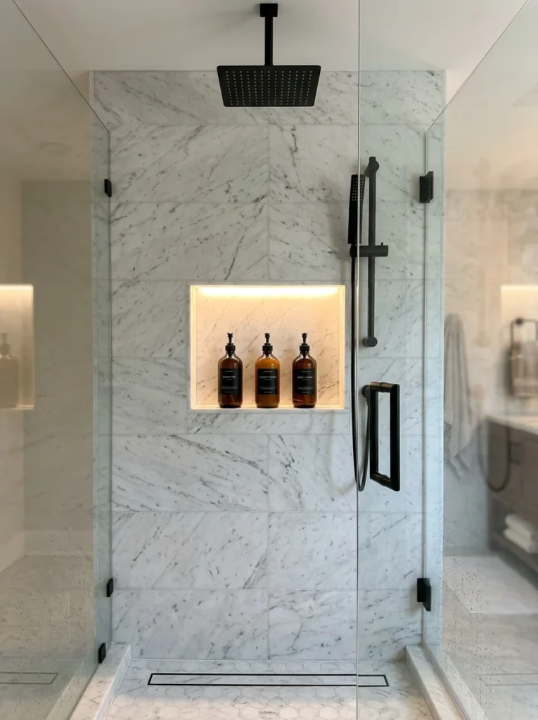ecessed shower niche for organized storage.