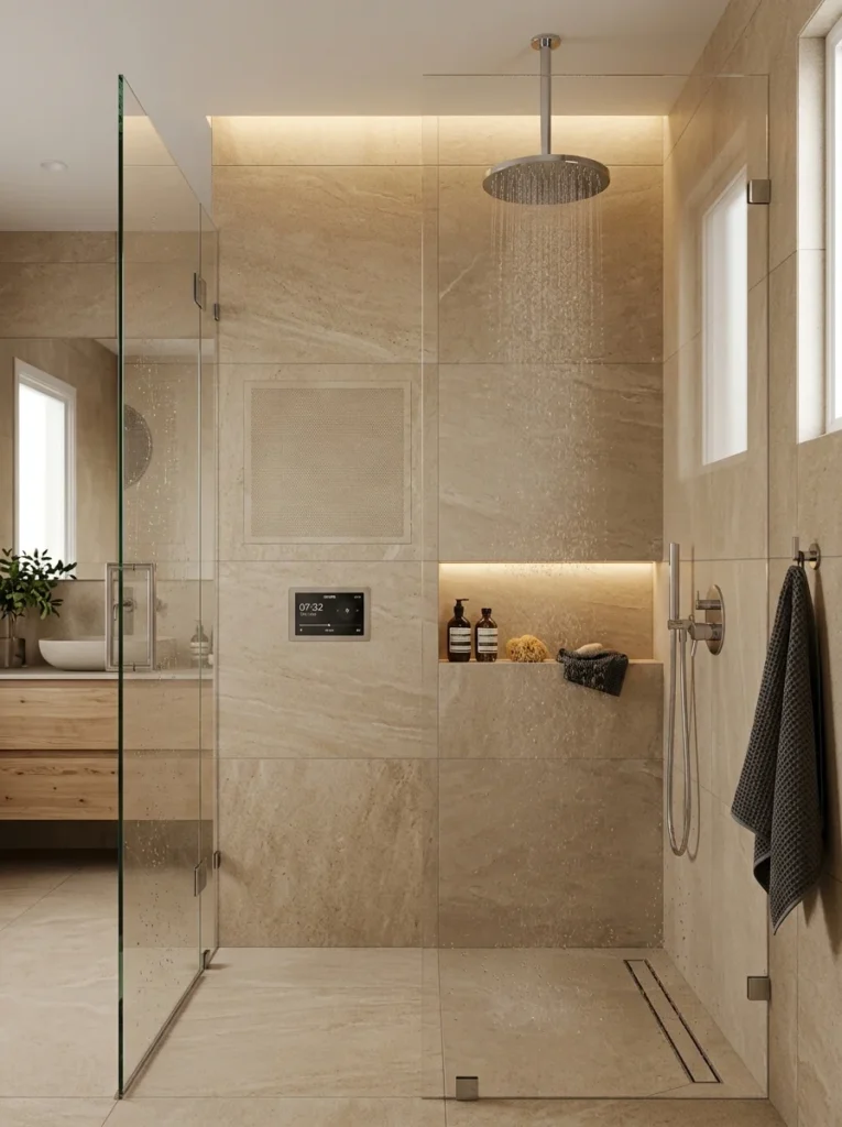 Modern shower with a discreet built-in waterproof sound system.