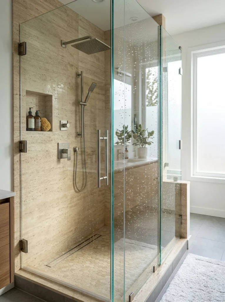 Frameless shower glass with an easy-clean anti-limescale coating.