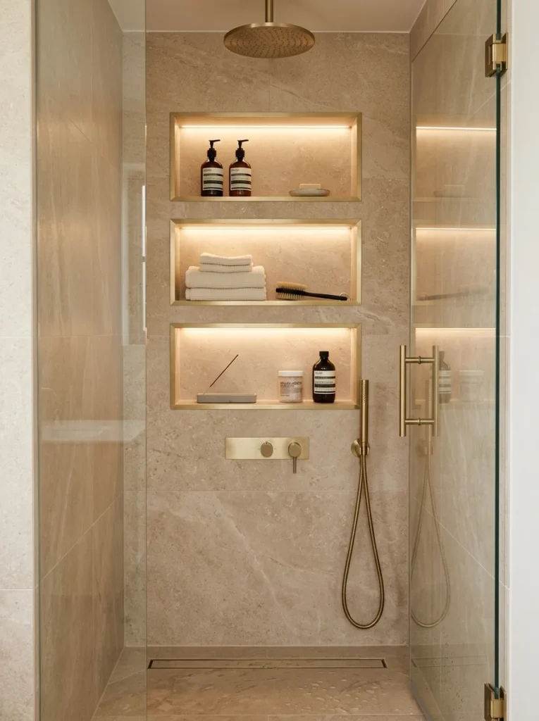 Recessed shower wall niches providing stylish built-in bathroom storage.