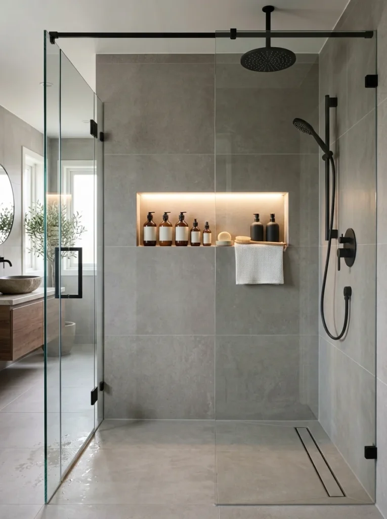 Bathroom with terrazzo flooring and warm wood vanity.