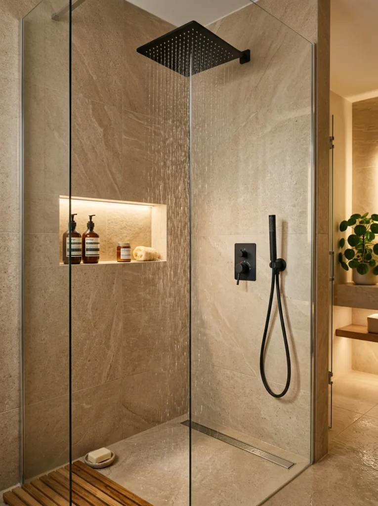 Oversized rainfall showerhead creating a spa-like shower experience.