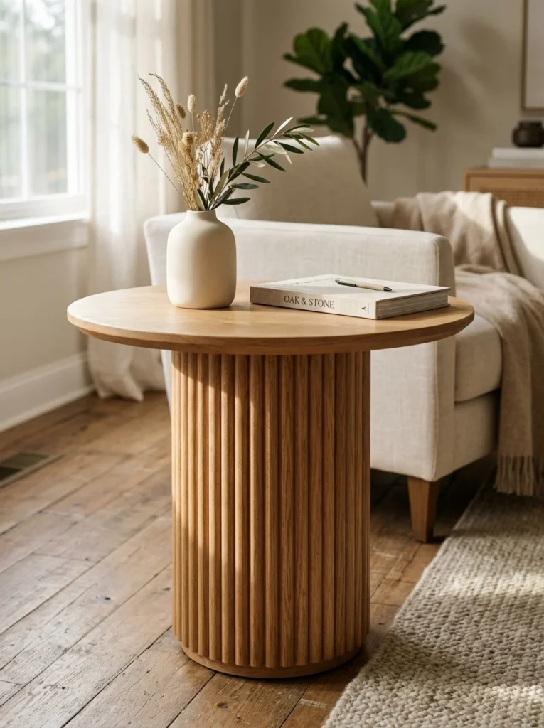 Round side table with a fluted pedestal base adding texture and softness.