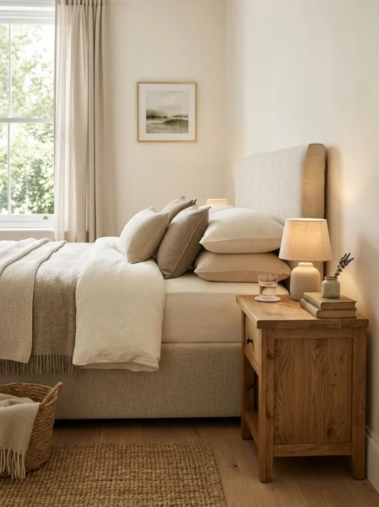 Nightstand correctly matched to the height of the bedroom mattress.