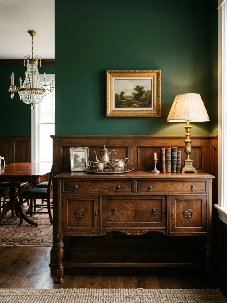 Traditional dark wood sideboard styled with a brass lamp, books, and vintage silver serving pieces.