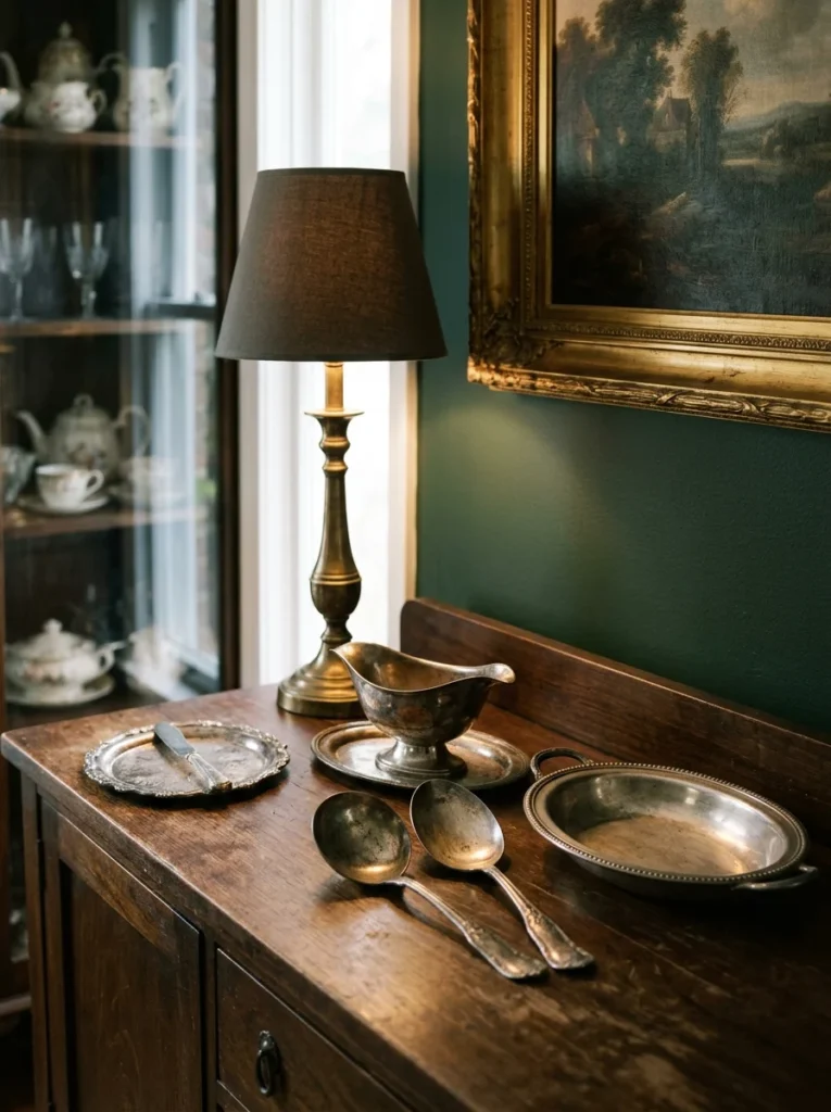 Vintage silver serving pieces with natural patina displayed on a dark walnut dining room sideboard.