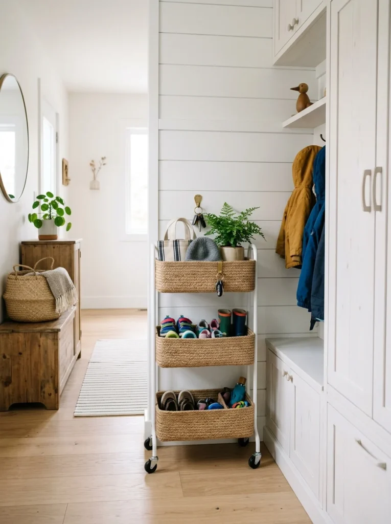 Slim rolling cart providing flexible overflow storage in a narrow mudroom.