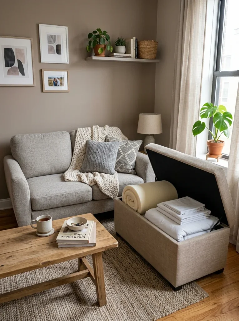 Storage ottoman holding guest bedding in a small apartment.