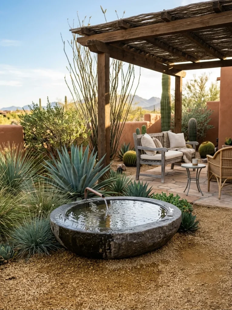 Small recirculating basin fountain creating a desert backyard focal point.