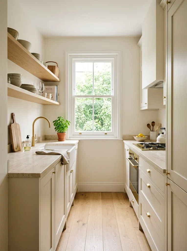 Forest green kitchen cabinets paired with marble countertops and brass fixtures.