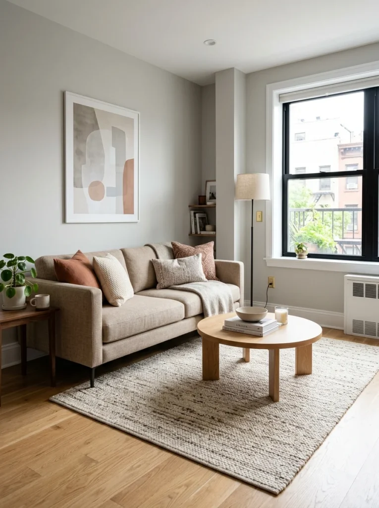 Properly scaled modern sofa with comfortable walking space in a small living room.