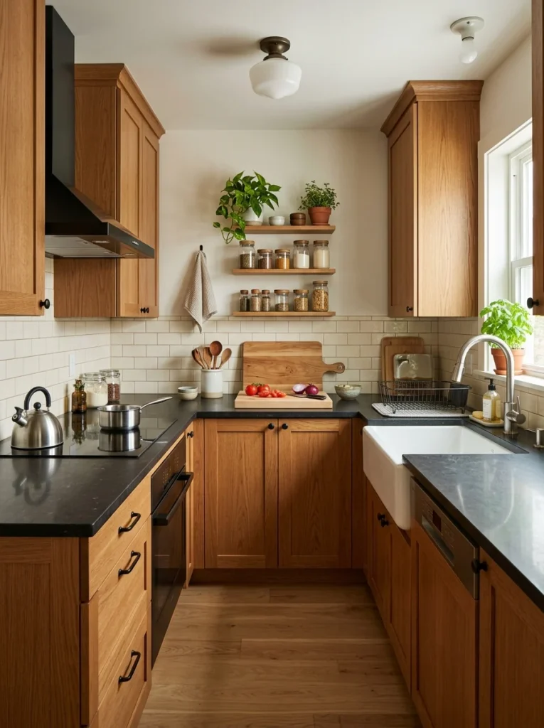 Compact kitchen organized into practical prep, cooking, and cleanup zones.