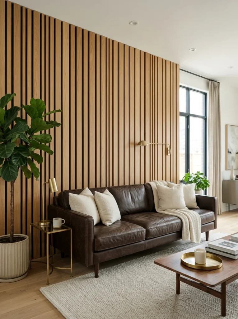 Light wood slat wall paneling creating a focal point behind a dark brown couch.