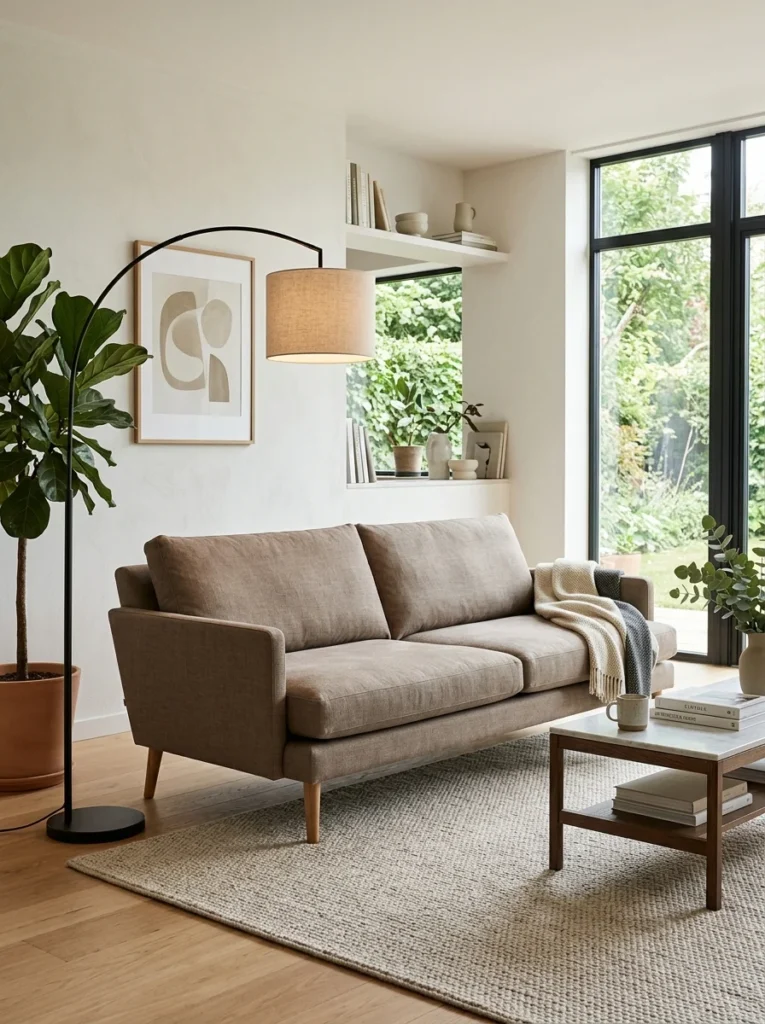 Modern sofa featuring a gently reclined backrest for a relaxed look.