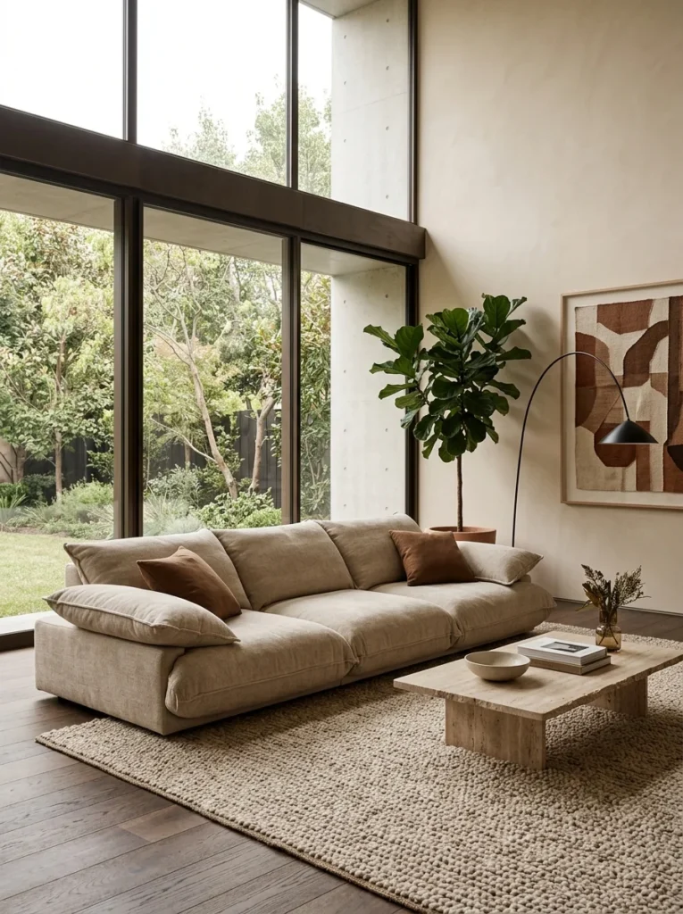 Low-slung contemporary sofa with a ground-hugging profile in a modern living room.