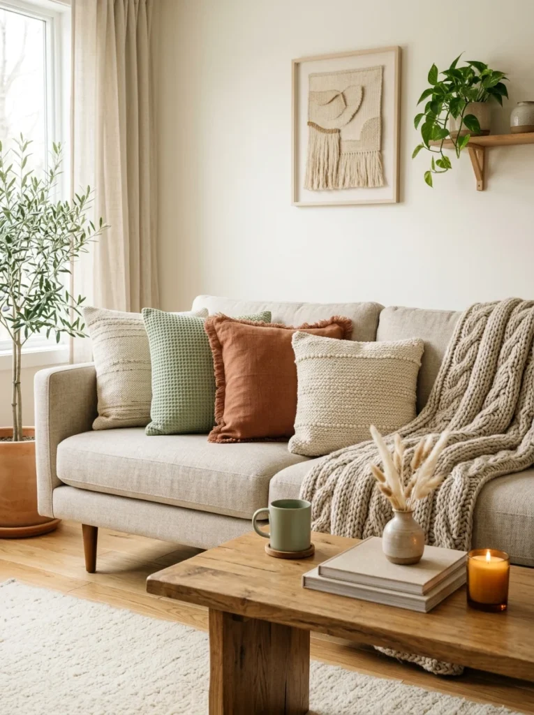 Decorative throw pillow covers refreshing a neutral sofa.