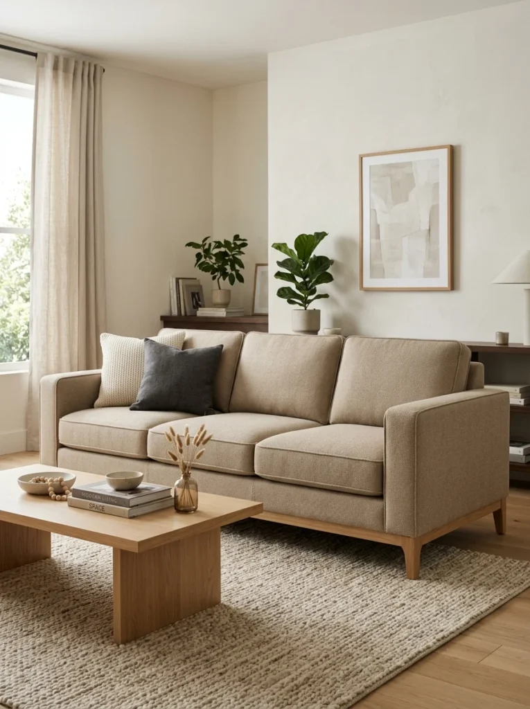 Modern sofa styled beside a slim architectural arc floor lamp.