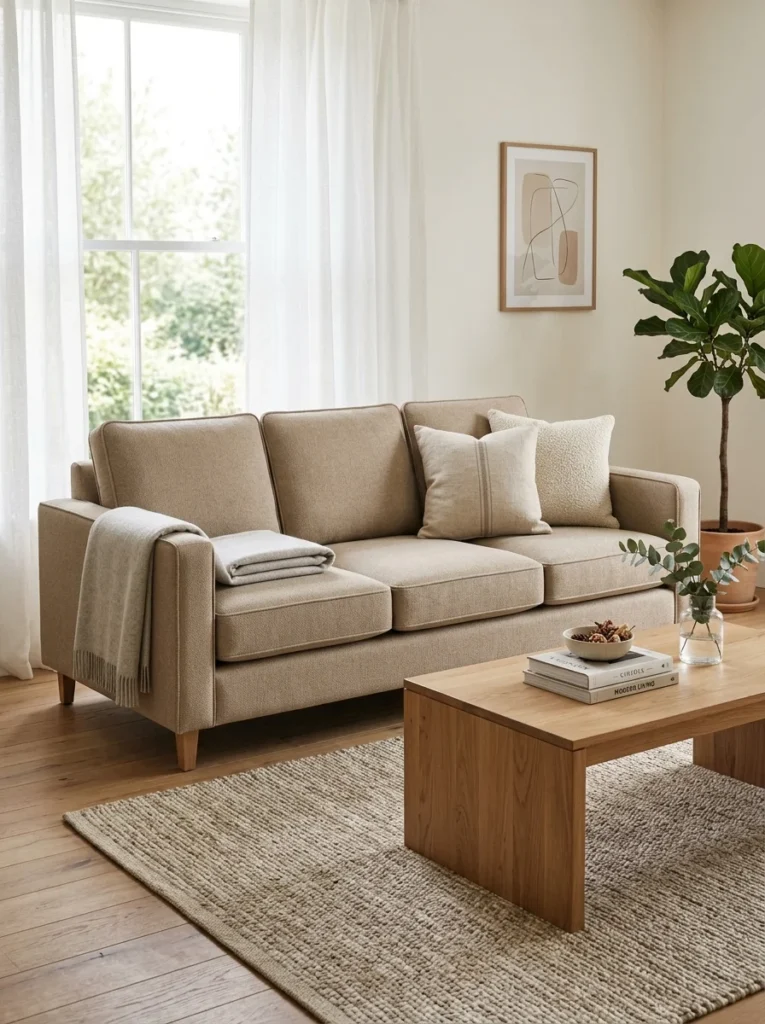 Modern sofa upholstered in durable matte performance fabric.