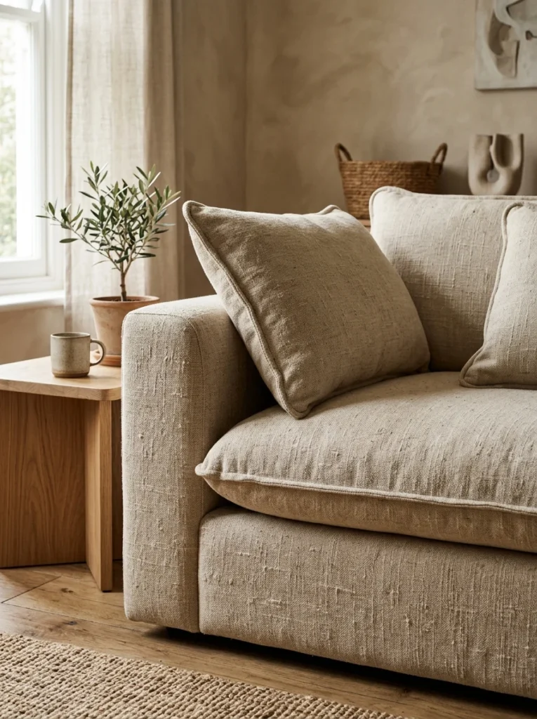 Oatmeal sofa upholstered in nubby textured linen-blend fabric.