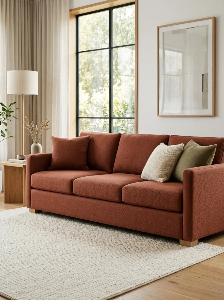 Modern sofa upholstered in sophisticated matte performance fabric.