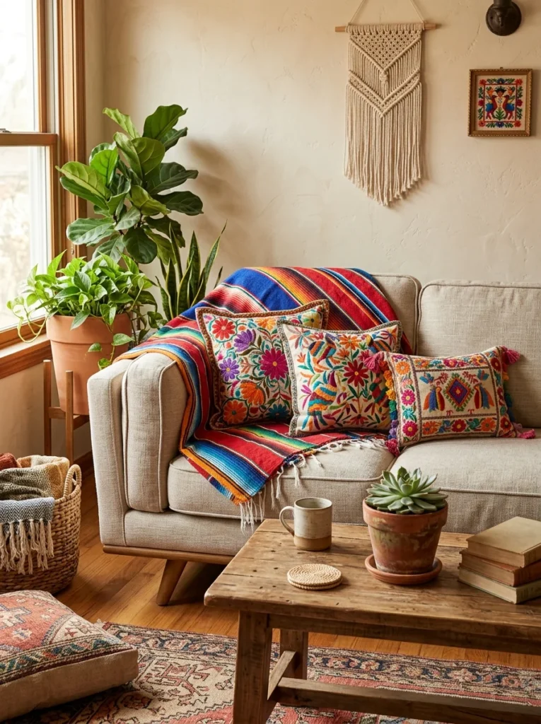 Colorful serape blanket draped over a living room sofa.