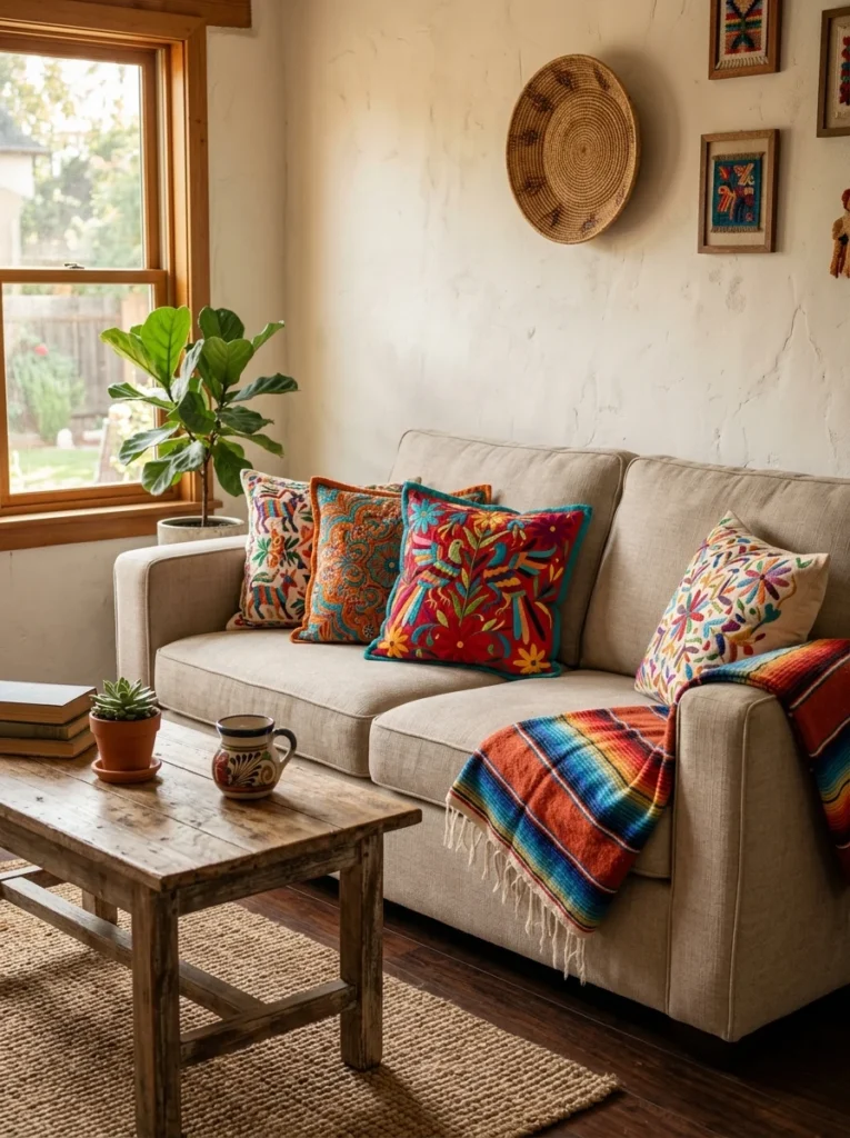 : Colorful embroidered throw pillows on a neutral sofa.