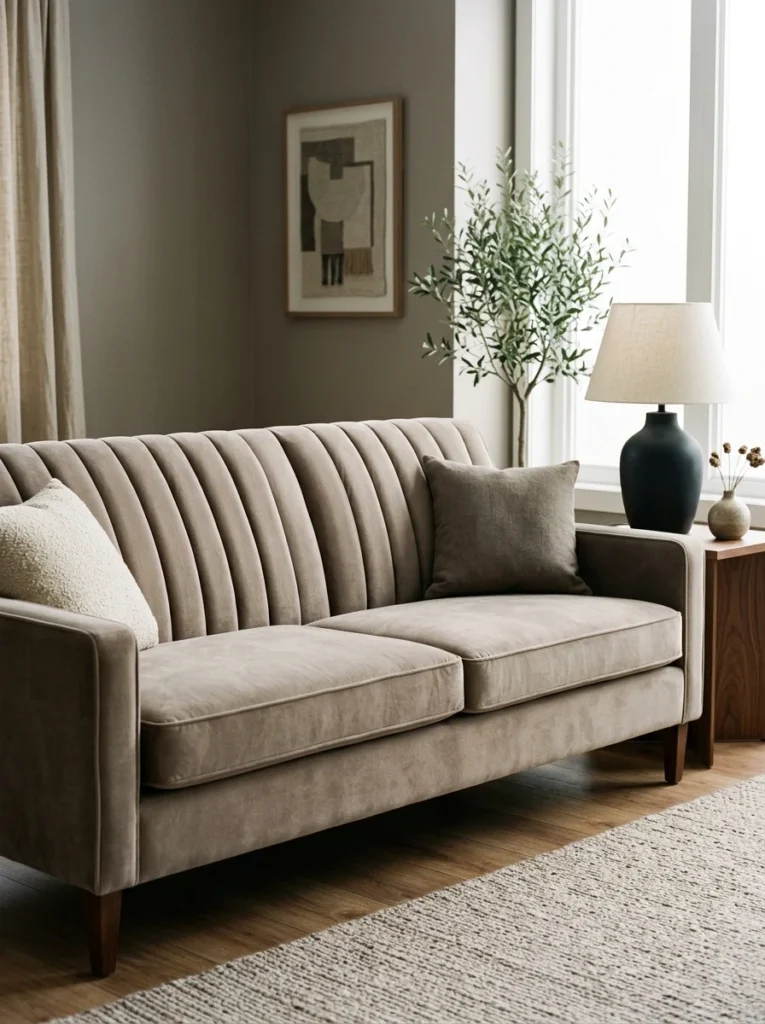 Modern taupe sofa featuring subtle vertical channel-tufted upholstery.