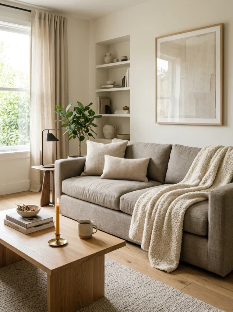 Modern sofa styled with a textured cream boucle throw blanket.