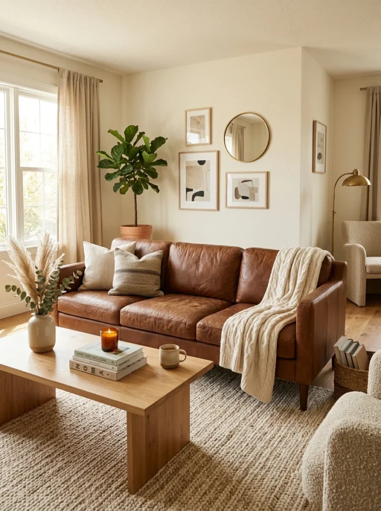 Warm aged cognac leather sofa with a matte finish in a cozy living room.