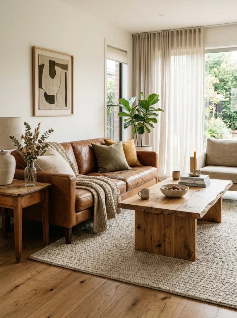 Leather sofa paired with natural wood furniture featuring visible grain and character.