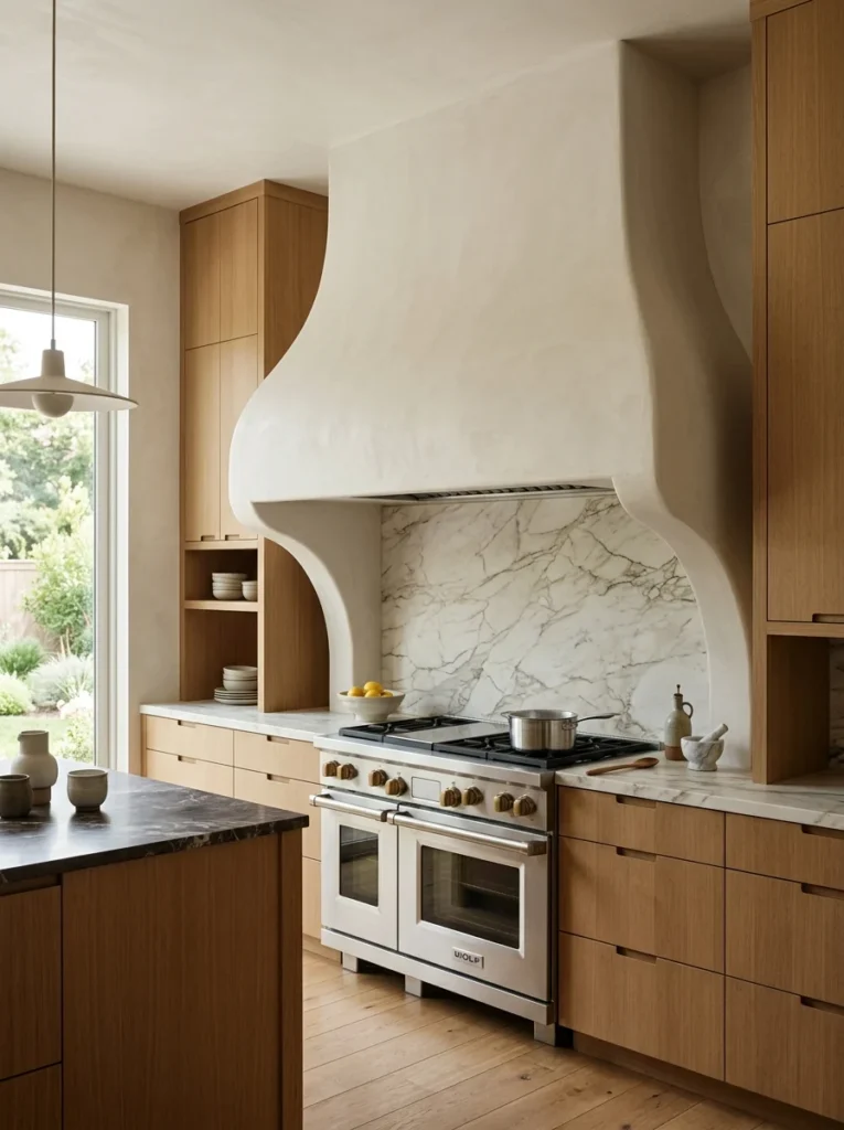 Sculptural plaster range hood serving as the focal point of a modern kitchen.