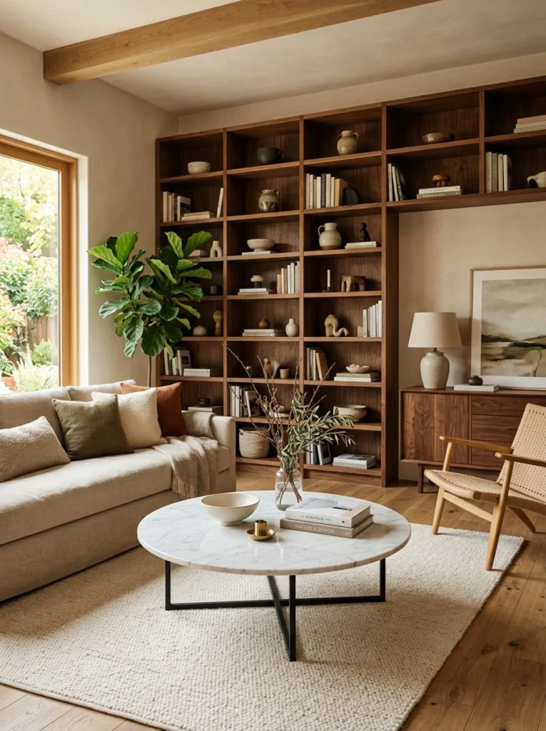 Round marble coffee table contrasting with warm wood furniture in a living room.