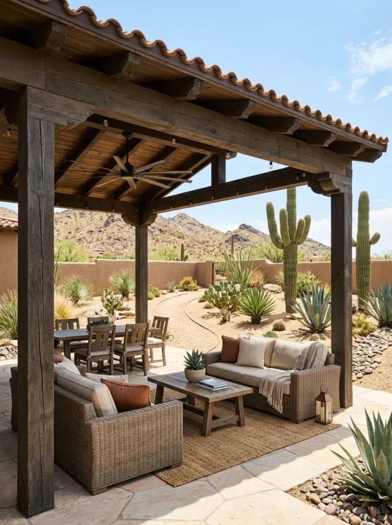 Solid-roof ramada providing full shade over an Arizona backyard seating area.