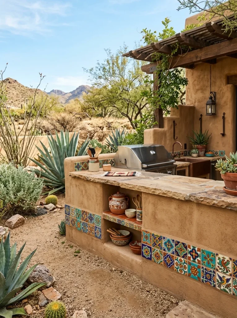 Colorful Talavera tile accents decorating a Southwestern desert backyard kitchen.