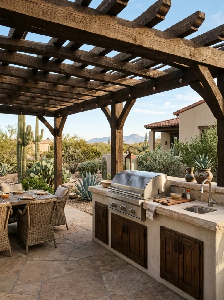 Shaded outdoor kitchen beneath a pergola in a desert backyard.