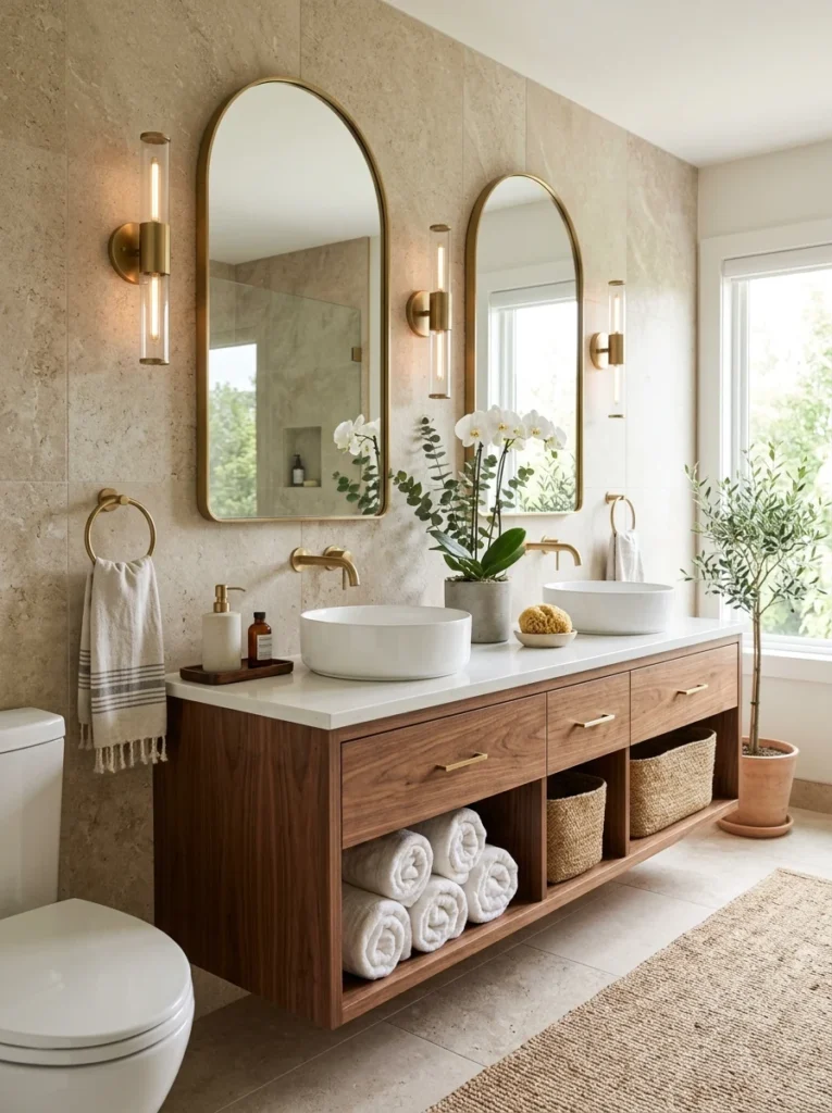 loating wood vanity making a small bathroom feel larger.