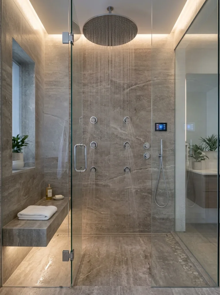 uxury shower with rainfall showerhead and multiple wall-mounted body jets.