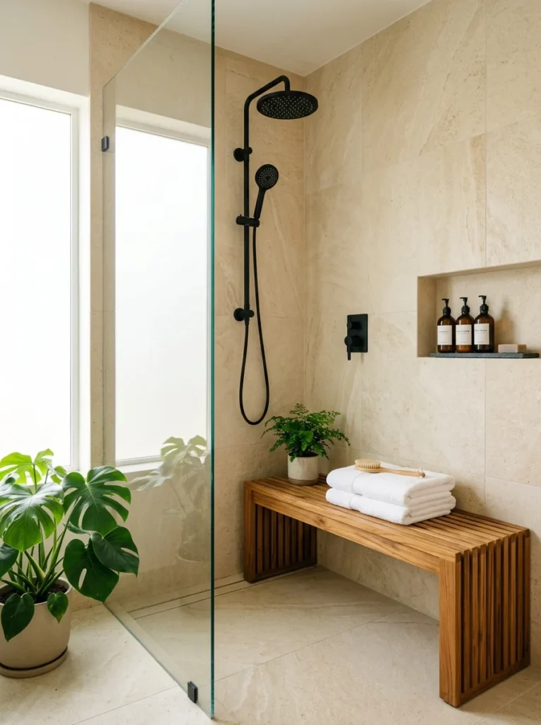 atural teak wood bench adding warmth to a spa-inspired shower.