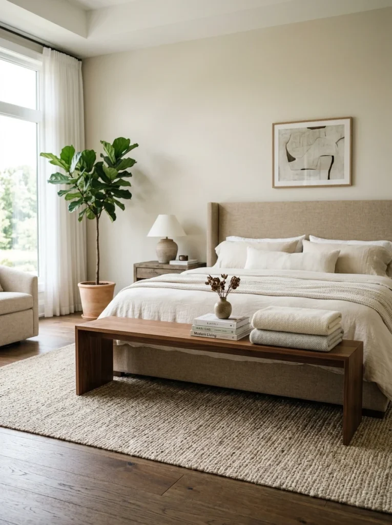 Low console table at the foot of the bed holding folded blankets and books.