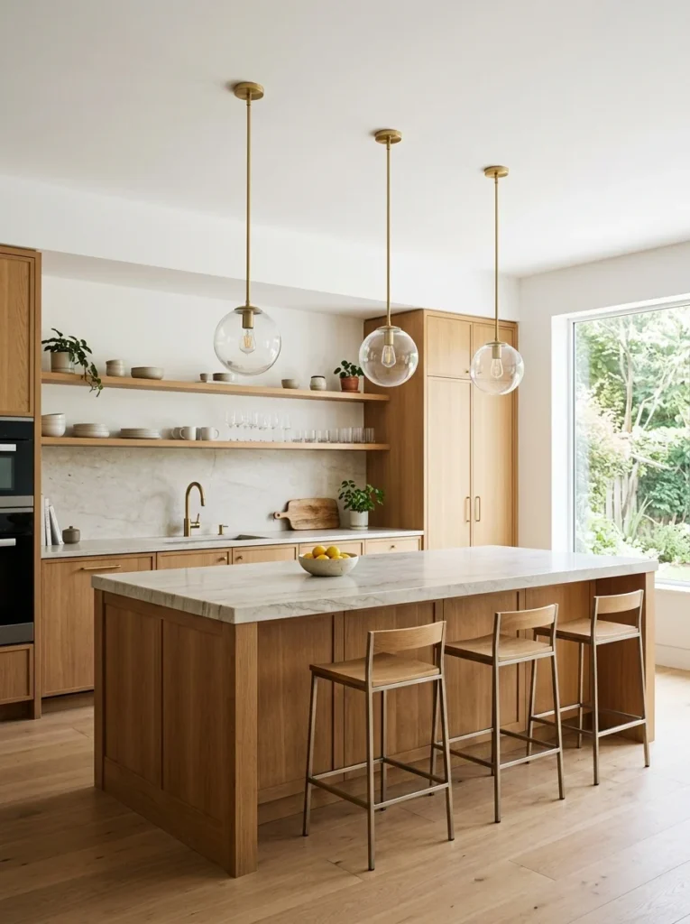 Kitchen island pendant lights with generous clearance from nearby cabinets and shelve