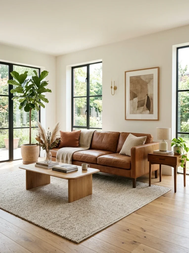 Leather sofa with generous open space and balanced furniture placement.