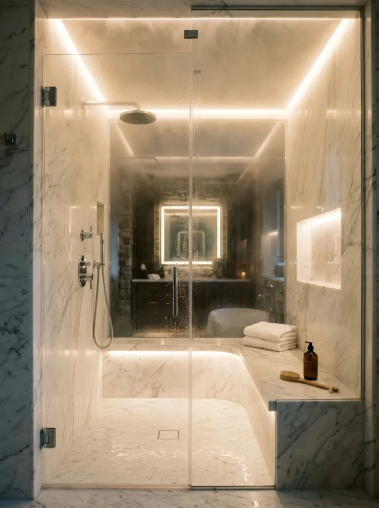 Luxury steam shower with built-in bench and marble walls.